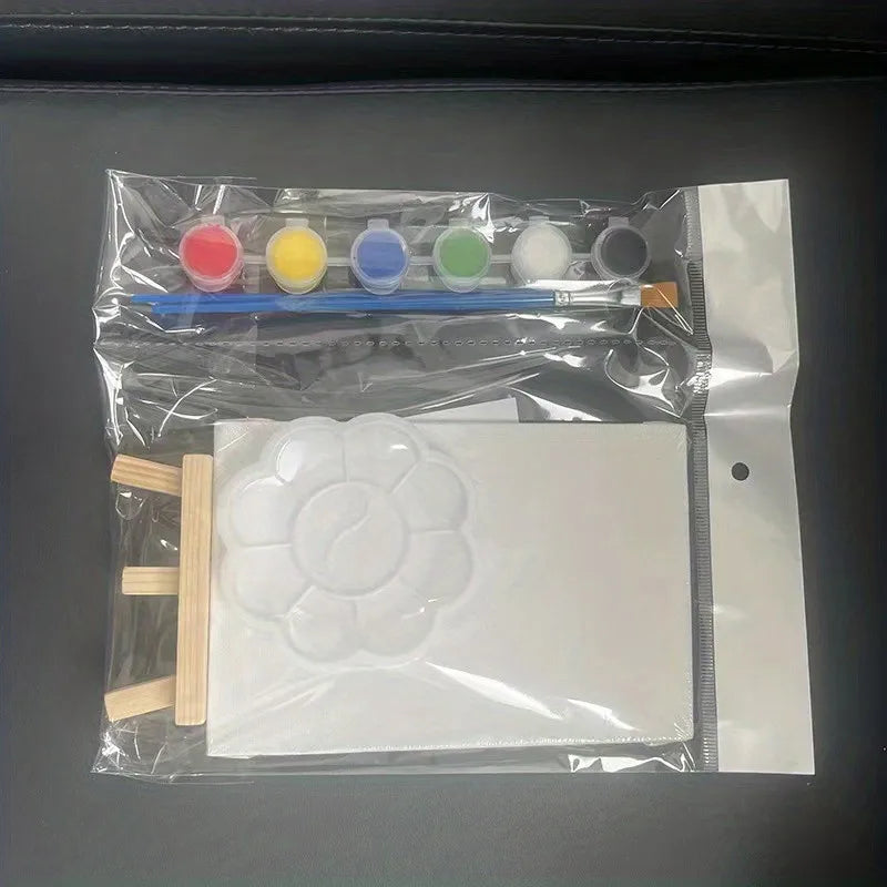 1 set of painting kit, 1 drawing board, 1 easel, 2 pens, 6 colors of paint, 1 palette, mini drawing board, acrylic paint