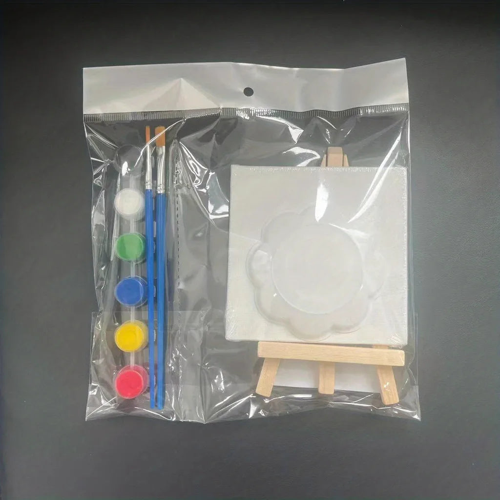 1 set of painting kit, 1 drawing board, 1 easel, 2 pens, 6 colors of paint, 1 palette, mini drawing board, acrylic paint