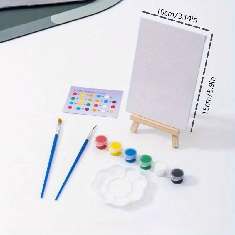1 set of painting kit, 1 drawing board, 1 easel, 2 pens, 6 colors of paint, 1 palette, mini drawing board, acrylic paint