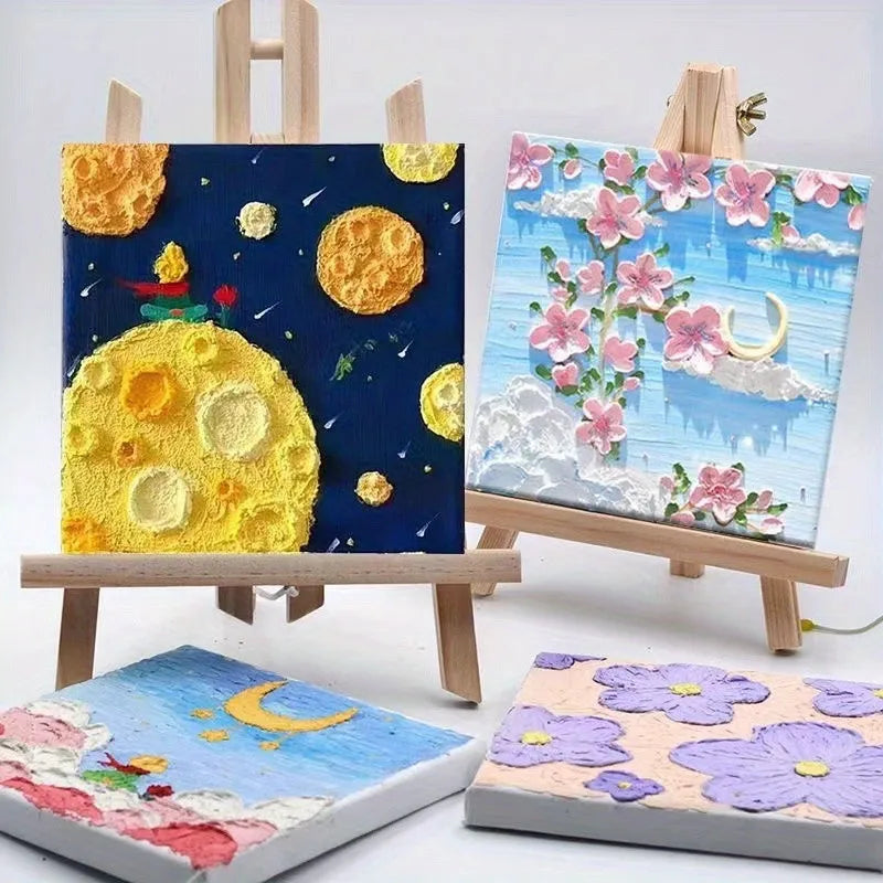 1 set of painting kit, 1 drawing board, 1 easel, 2 pens, 6 colors of paint, 1 palette, mini drawing board, acrylic paint