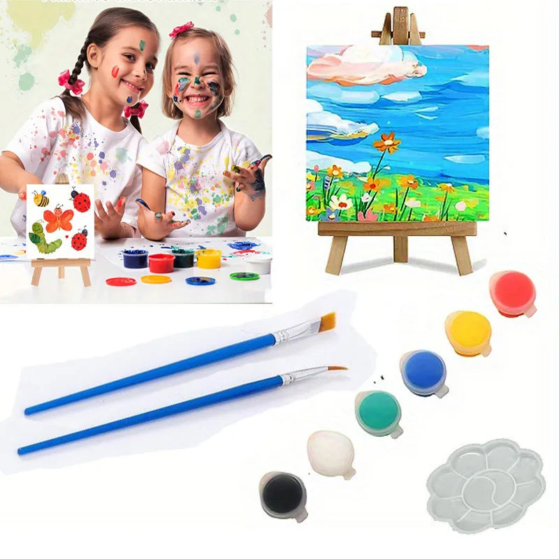 1 set of painting kit, 1 drawing board, 1 easel, 2 pens, 6 colors of paint, 1 palette, mini drawing board, acrylic paint
