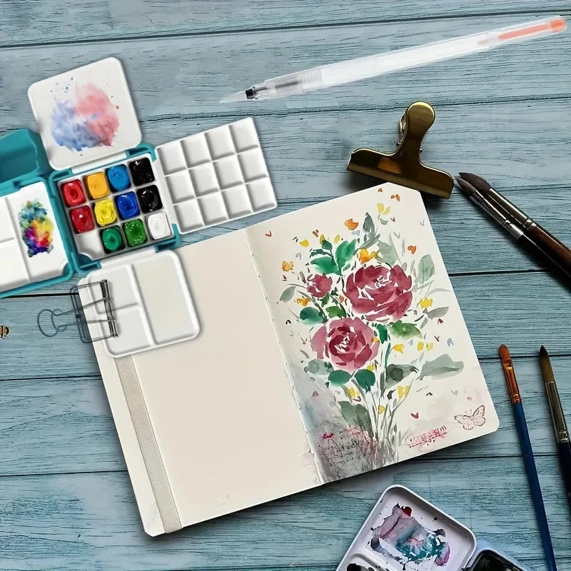 1 Set Portable Watercolor Painting Set, with 24 Half-Box Storage, Mini Plastic Art Supplies Box,Suitable for Artists