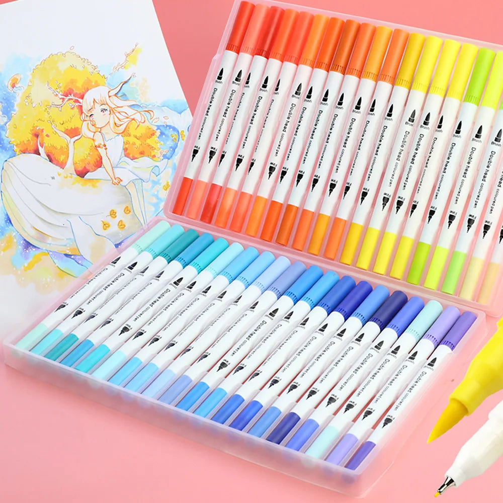 12/24/36/48 PCS Colored Art Sketching Markers Drawing Set Double-head Watercolor paint brush pen Diary supplies Stationery