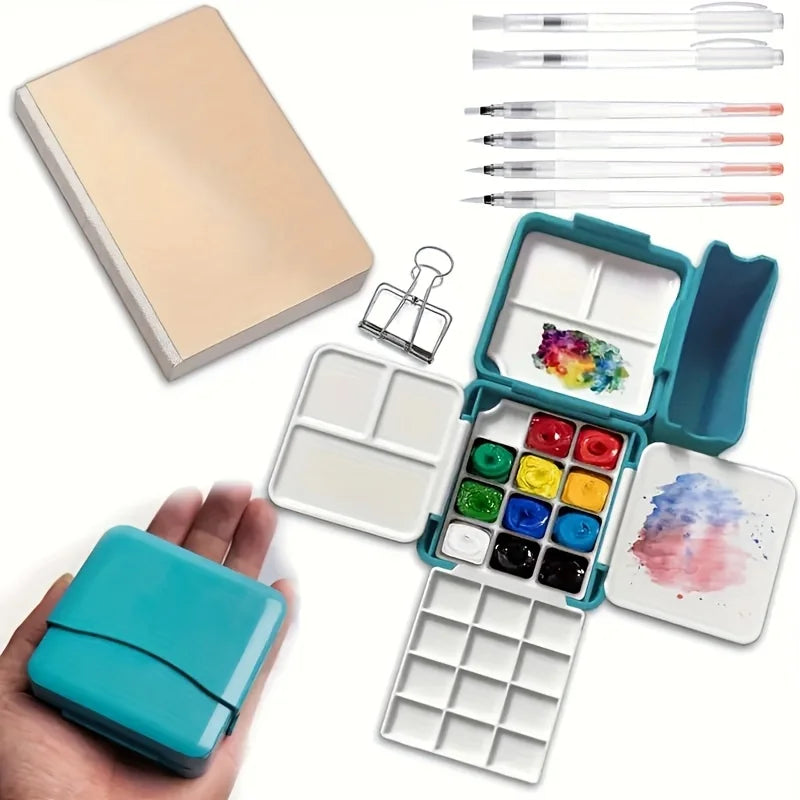 1 Set Portable Watercolor Painting Set, with 24 Half-Box Storage, Mini Plastic Art Supplies Box,Suitable for Artists