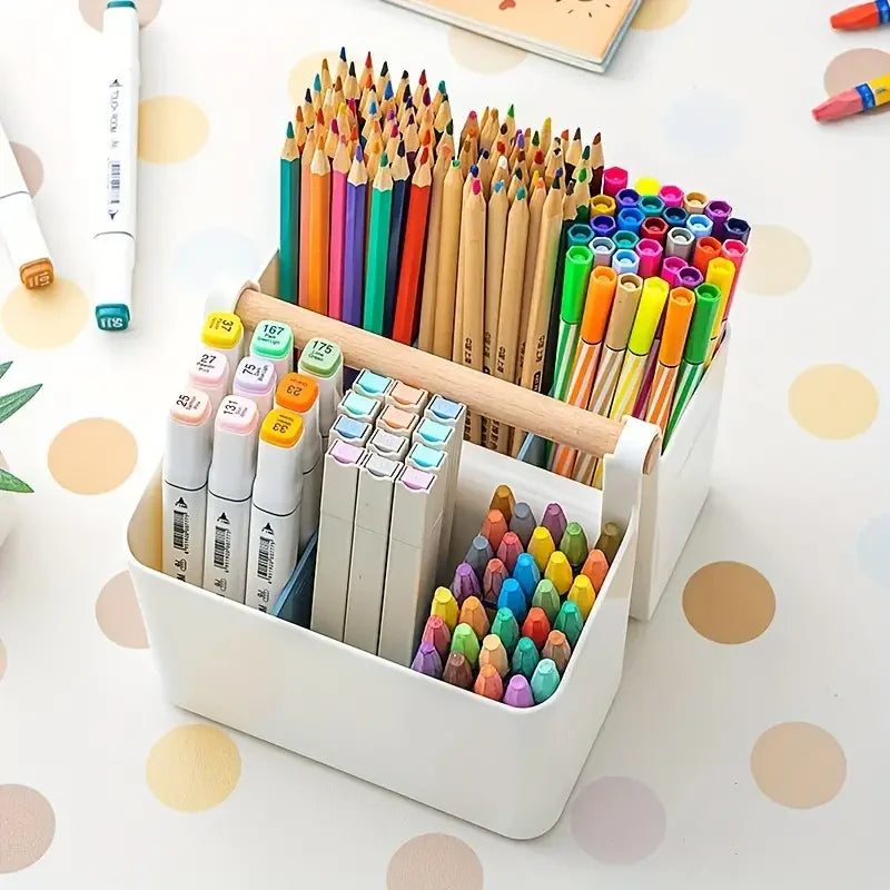 1 large plastic portable storage box with adjustable dividers with handles for art supplies, crafts and family room items