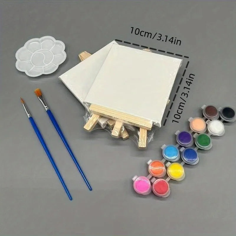 1 set of painting kit, 1 drawing board, 1 easel, 2 pens, 6 colors of paint, 1 palette, mini drawing board, acrylic paint
